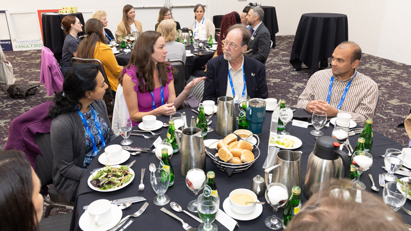 ASGCT Board Member Allison Bradbury, PhD, (second from left) speaks with colleagues at the Patient Advocate Connection Lunch during the 28th Annual Meeting.